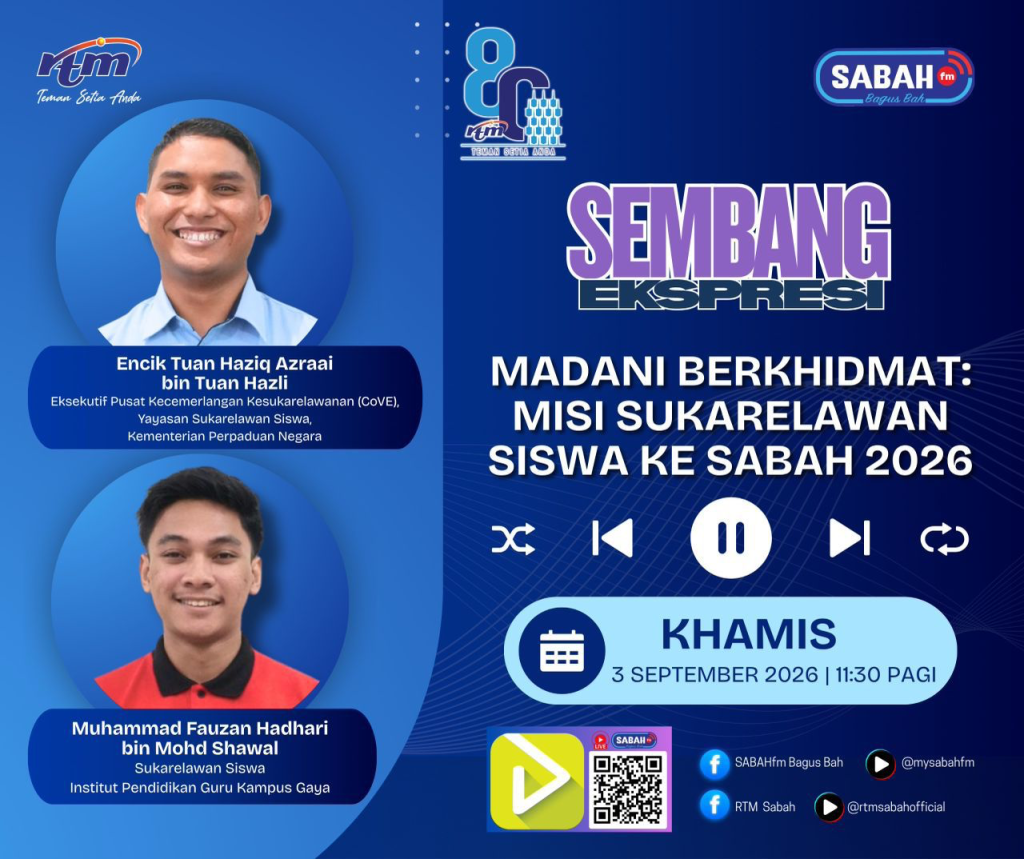 Jom dengarkan temu bual secara langsung bersama Encik Tuan Haziq Azraai, Eksekutif, Pusat Kecemerlangan Kesukarelawanan (CoVE), Yayasan Sukarelawan Siswa (YSS) dan Saudara Muhammad Fauzan Hadhari, Sukarelawan Siswa dari Institut Pendidikan Guru Kampus Gaya, dalam slot Sembang Ekspresi di Sabah FM.