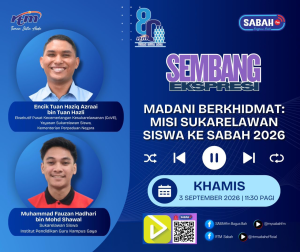 Jom dengarkan temu bual secara langsung bersama Encik Tuan Haziq Azraai, Eksekutif, Pusat Kecemerlangan Kesukarelawanan (CoVE), Yayasan Sukarelawan Siswa (YSS) dan Saudara Muhammad Fauzan Hadhari, Sukarelawan Siswa dari Institut Pendidikan Guru Kampus Gaya, dalam slot Sembang Ekspresi di Sabah FM.